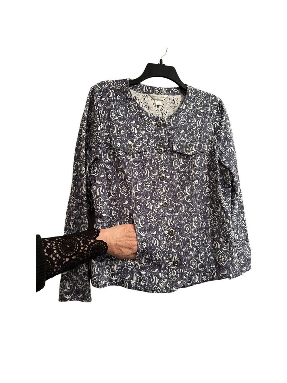 Christopher Banks Floral Jacket Womens Large Blue White Long Sleeves 6-Pockets